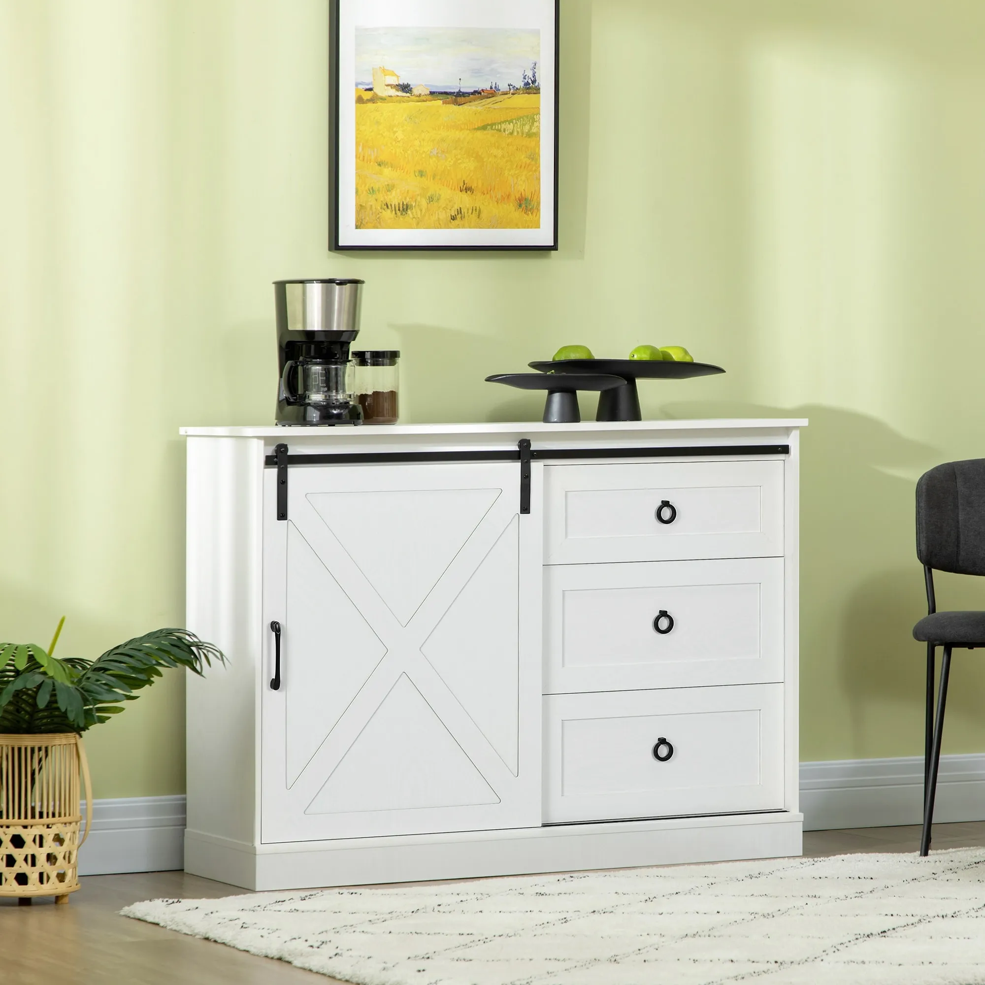 HOMCOM Farmhouse Coffee Bar Cabinet, Kitchen Sideboard, Buffet Cabinet with Sliding Barn Door and 3 Storage Drawers, Dark Grey