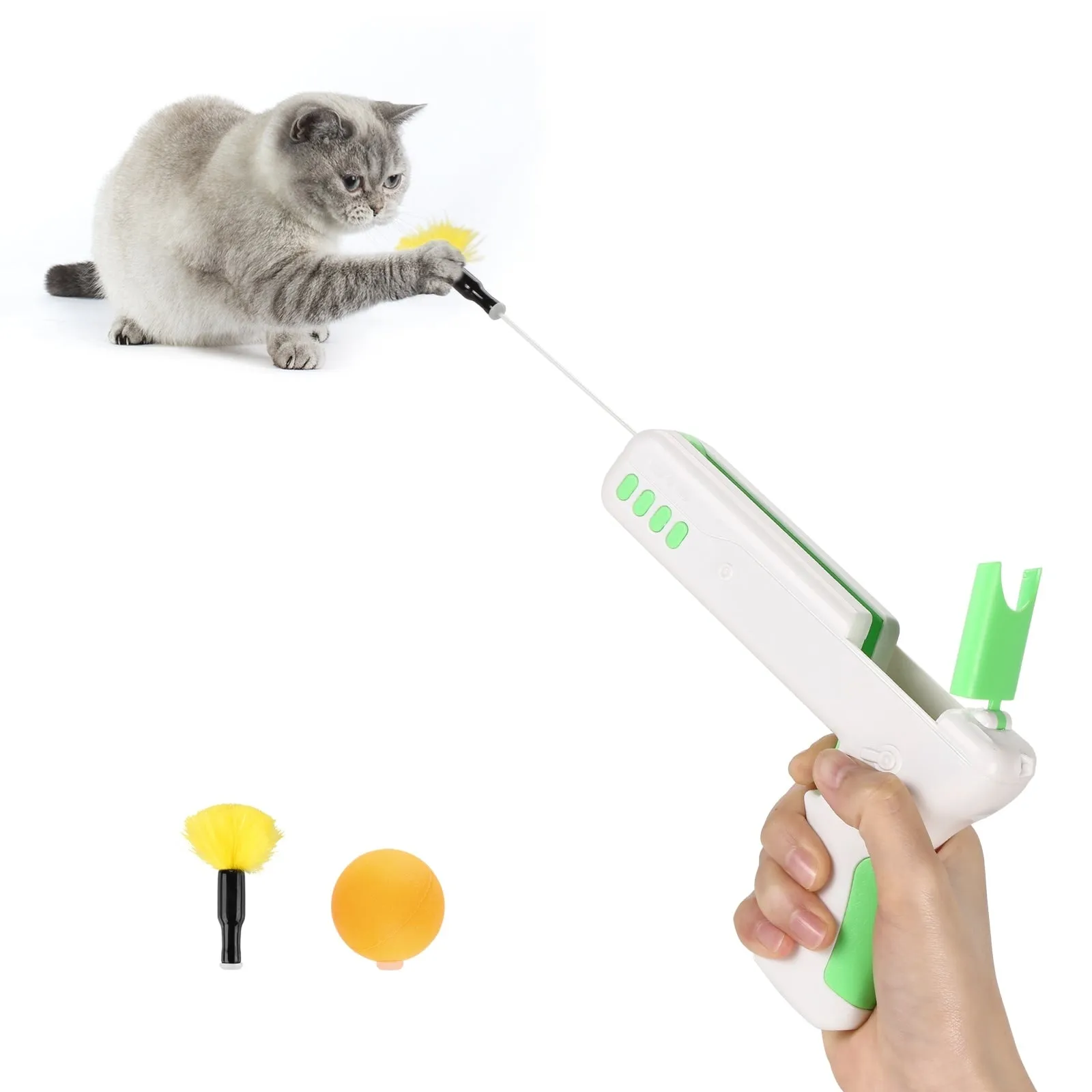 Green Interactive Cat Toy Gun Cat Stick Toy with Ball & Feather - 7.4x1.7x4.5"