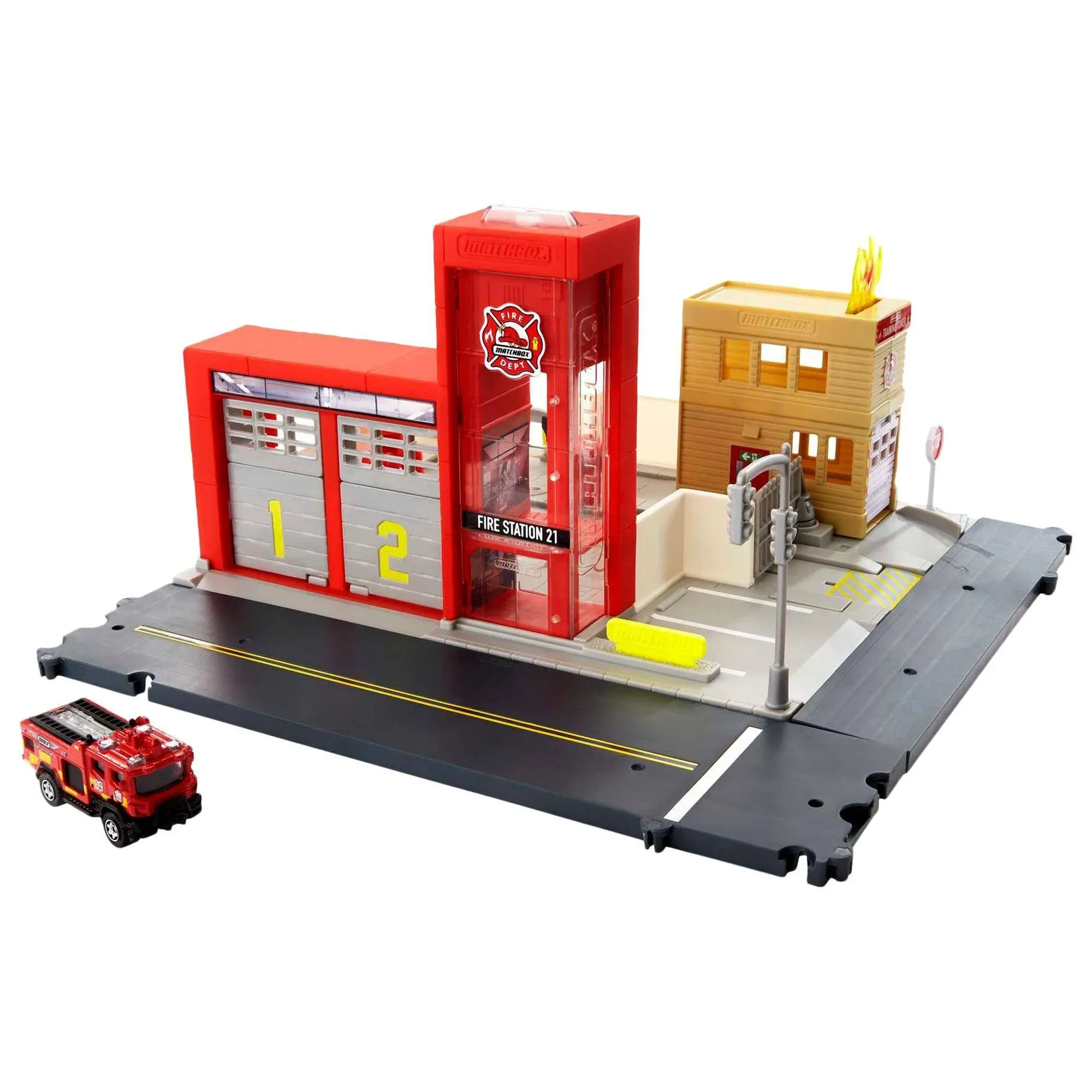 Matchbox Action Drivers Fire Station Rescue Playset & 1:64 Scale Toy Firetruck with Lights & Sounds