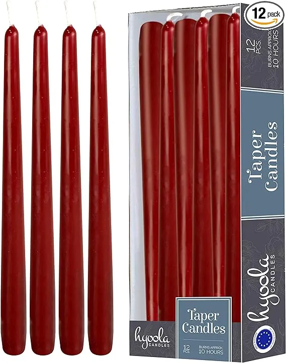 12 Pack Tall Taper Candles - 12 Inch Burgundy Dripless, Unscented Dinner Candle - Paraffin Wax with Cotton Wicks - 10 Hour Burn Time