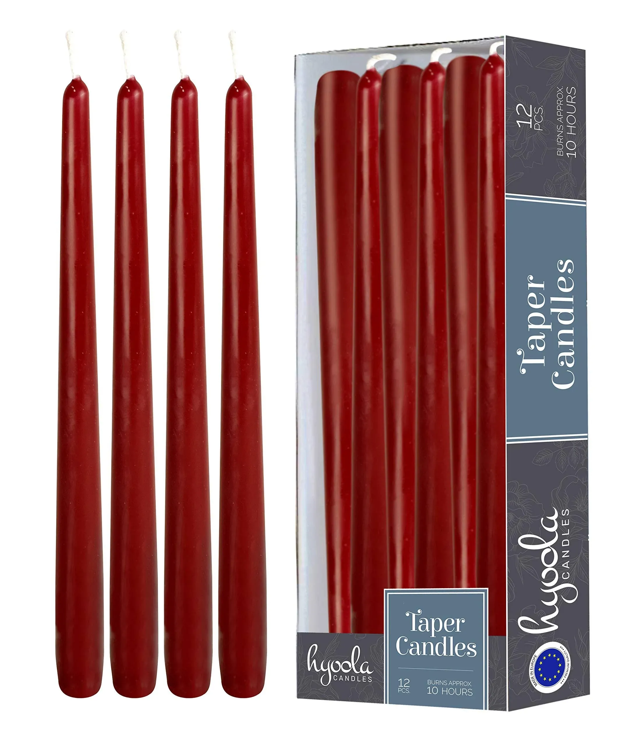 12 Pack Tall Taper Candles - 12 Inch Burgundy Dripless, Unscented Dinner Candle - Paraffin Wax with Cotton Wicks - 10 Hour Burn Time