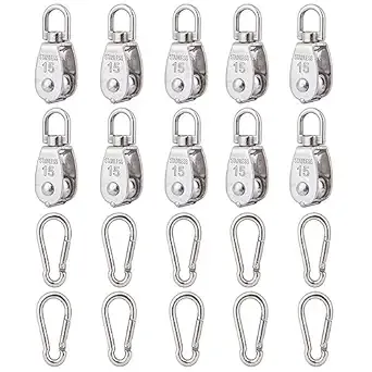 10Pcs 304 Stainless Steel M15 Single Pulley Block, Wire Rope Hanging Wire Towing Wheel, with 10Pcs Spring Snap Hook