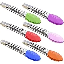 Small Tongs with Silicone Tips 7-Inch Mini Serving Tongs, Set of 6 (Green Red Blue Purple Pink Orange)