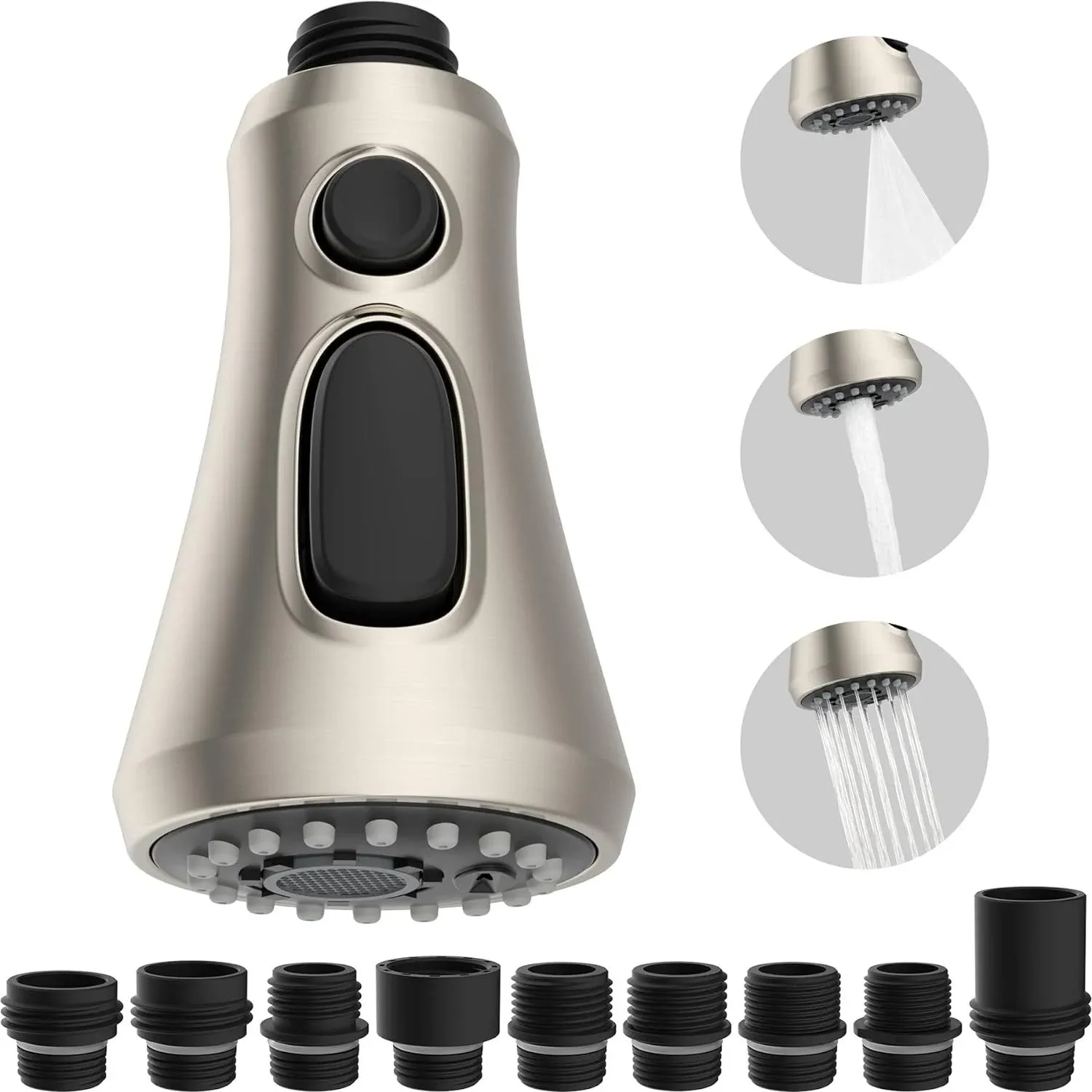 Universal Kitchen Faucet Head Replacement 3 Function Pull Down Sink Faucet Sprayer Head with 15 Adapters Compatible with Moen Delta Kohler Faucet Head, Brushed Nickel