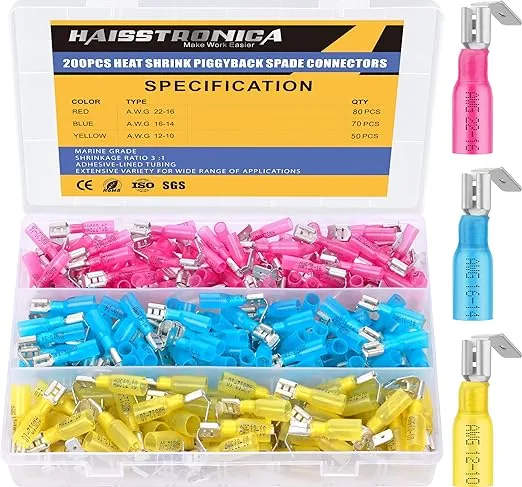 haisstronica 200PCS Heat Shrink Piggyback Spade Connectors, 22-10 AWG Piggyback Wire Connectors, Quick Disconnect Piggyback Terminals (3Colors/3Sizes)