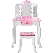 Teamson Kids Little Princess Gisele Sweethearts Print Kids Vanity Set with Matching Stool, Tri-fold Mirror with Glamour LED Lights + Storage Drawer For 3yr and up, Pretend Play House, Salon White/Pink