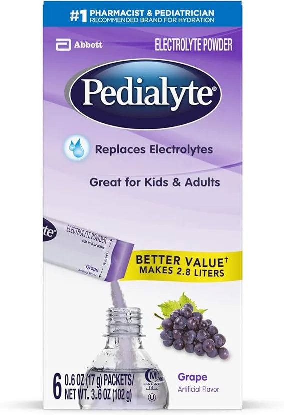 Pedialyte Electrolyte Powder Packets, Grape, Hydration Drink, 6 Single-Serving Powder Packets