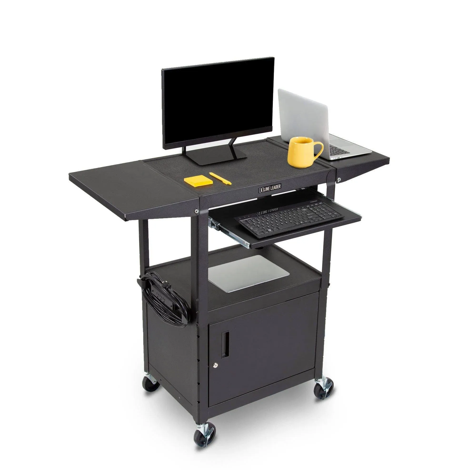 Line Leader Rolling AV Cart with Locking Cabinet, Laptop Stand, and Drop Leaves, Height Adjustable Mobile Utility Cart Workstation with Extra Storage Space, UL-Listed Power Strip (Black / 46 x 18)