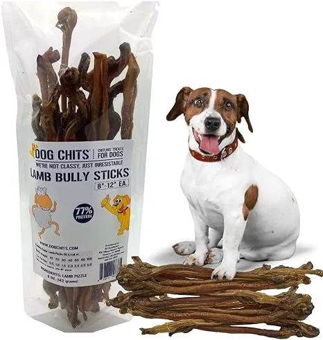 Dog Chits Lamb Bully Sticks for Dogs and Puppies | 8 oz (12 Pieces+) | Natural Healthy Long Lasting Chew for Large and Small Dogs Protein Treats | Odor Free