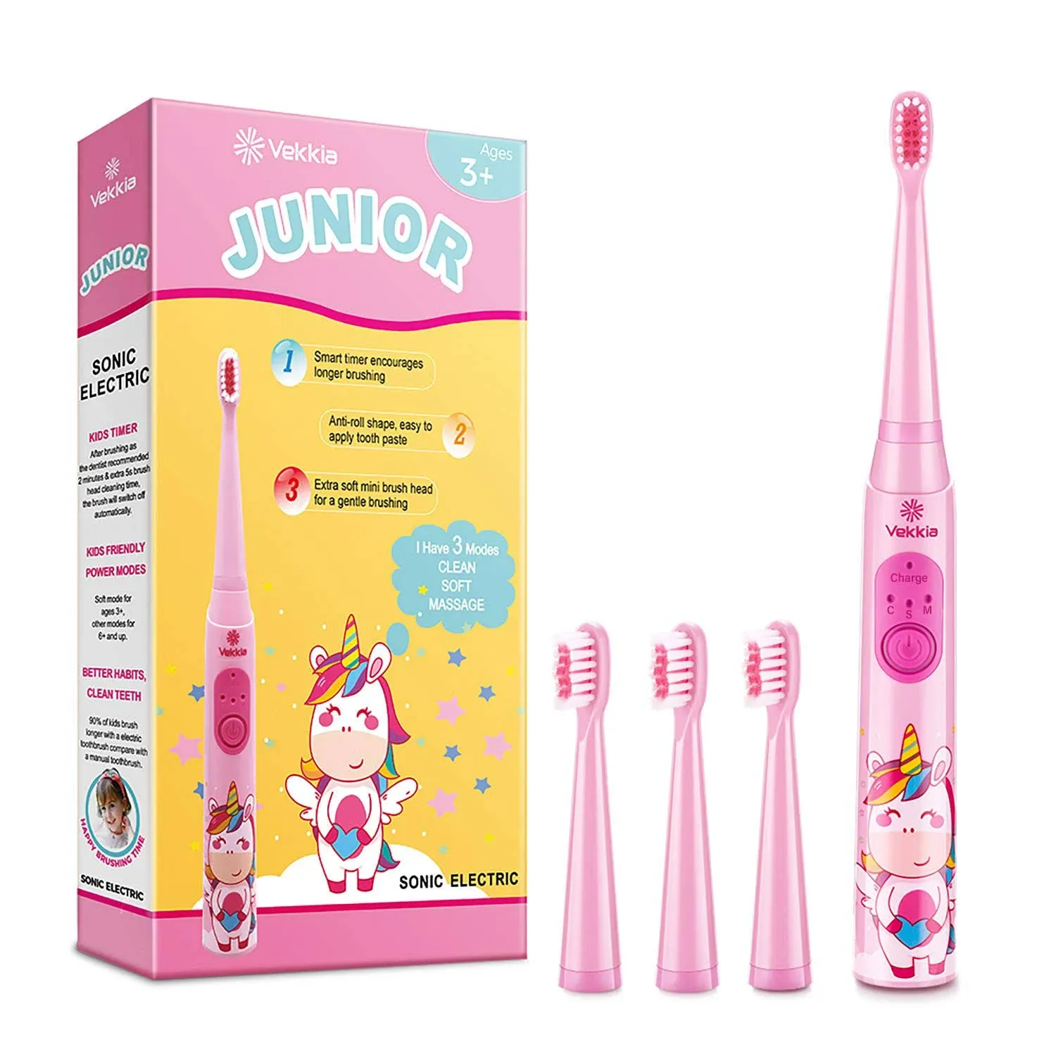 Vekkia Unicorn Jada Sonic Rechargeable Kids Electric Toothbrush, 3 Modes with Memory, Fun & Easy Cleaning, 31000 Strokes, Ipx7 Waterproof, 2-Min Timer