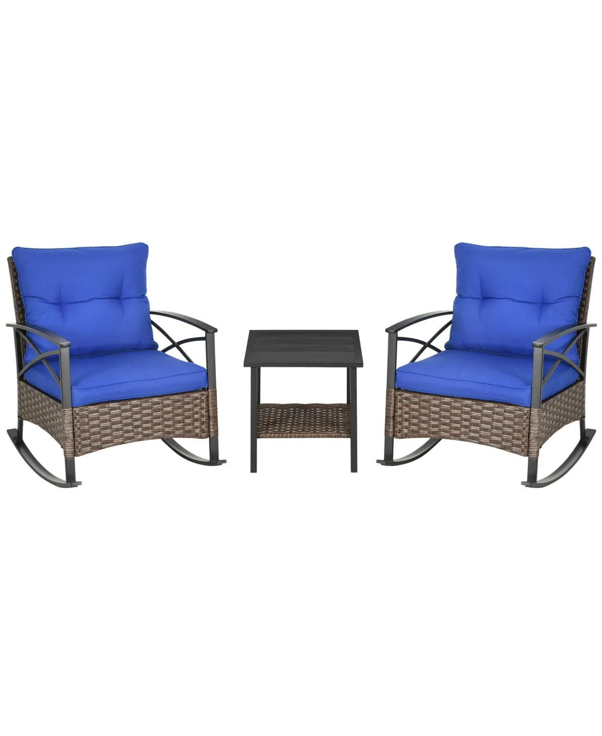 Outsunny 3 Piece Rocking Wicker Bistro Set Outdoor Patio Furniture Set with two Porch Rocker Chairs