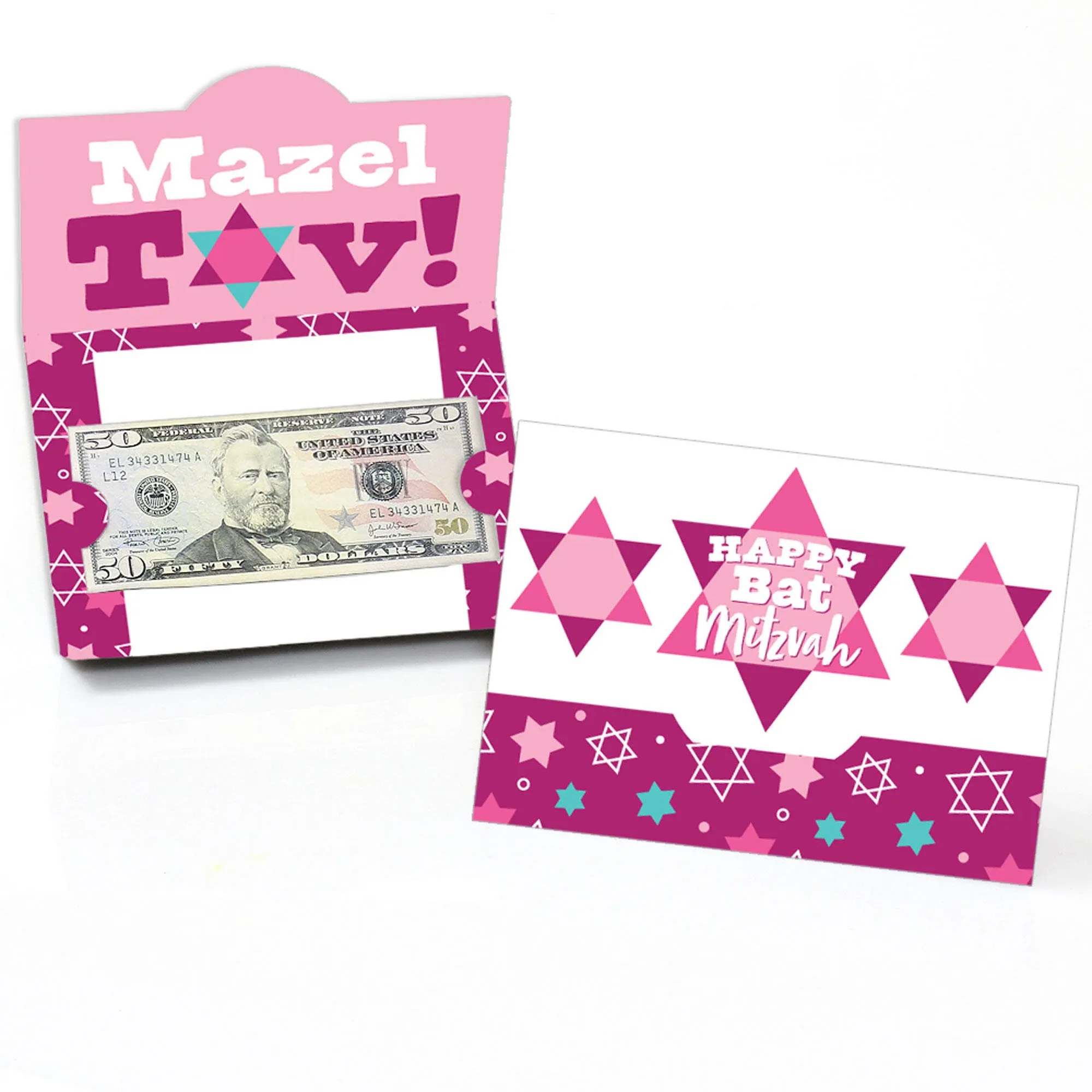 Big Dot of Happiness Pink Bat Mitzvah - Girl Party Money and Gift Card Holders - Set of 8