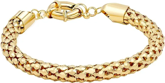 Barzel 18K Gold Plated Popcorn Mesh Bracelet for Women, 7.5 Inches - Made in Brazil