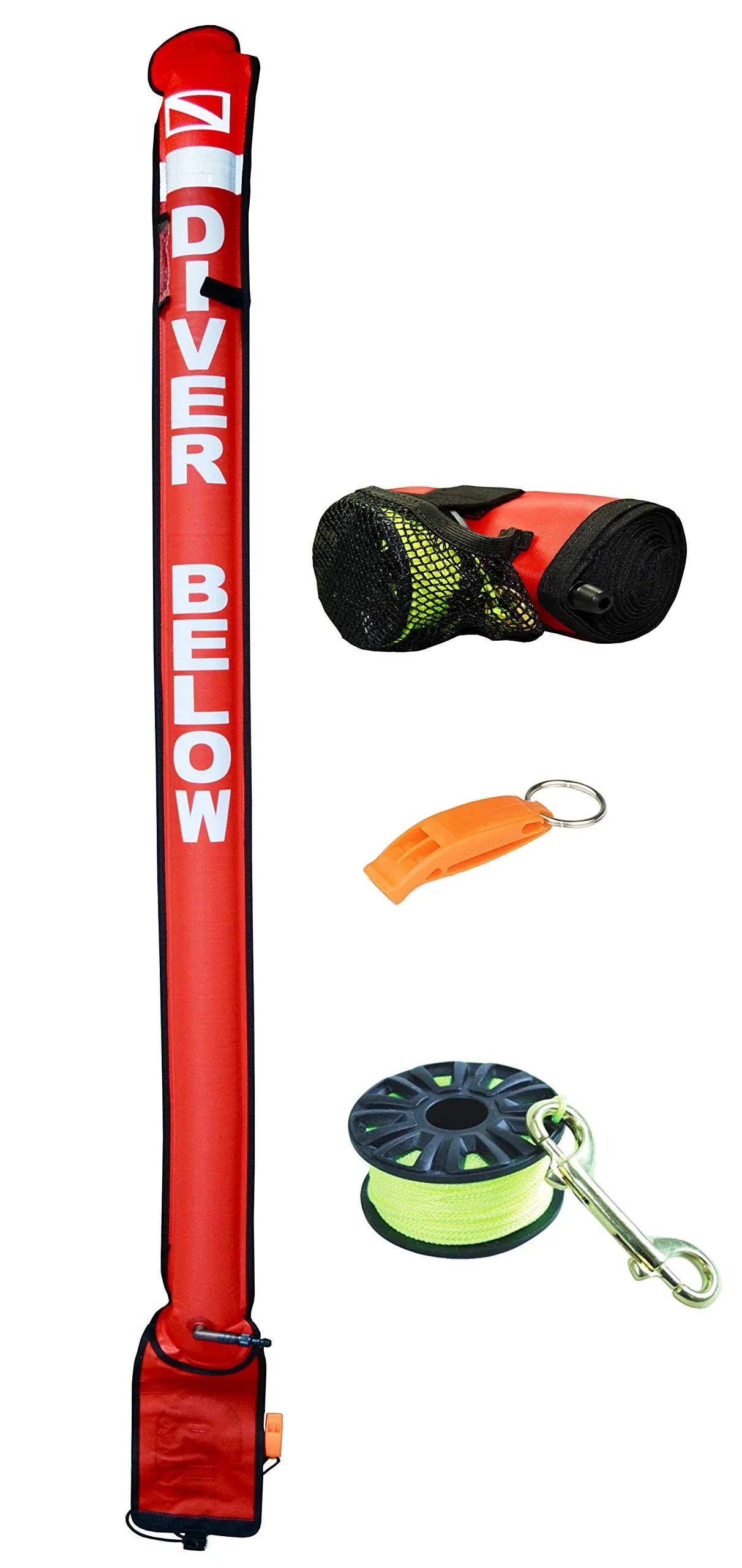 DiveSafe Delayed Surface Marker Buoy – 7ft Closed Bottom with High Visibility Reflective Band, Strobe Light and Flashlight Holder, 100ft ABS Finger Reel and Whistle