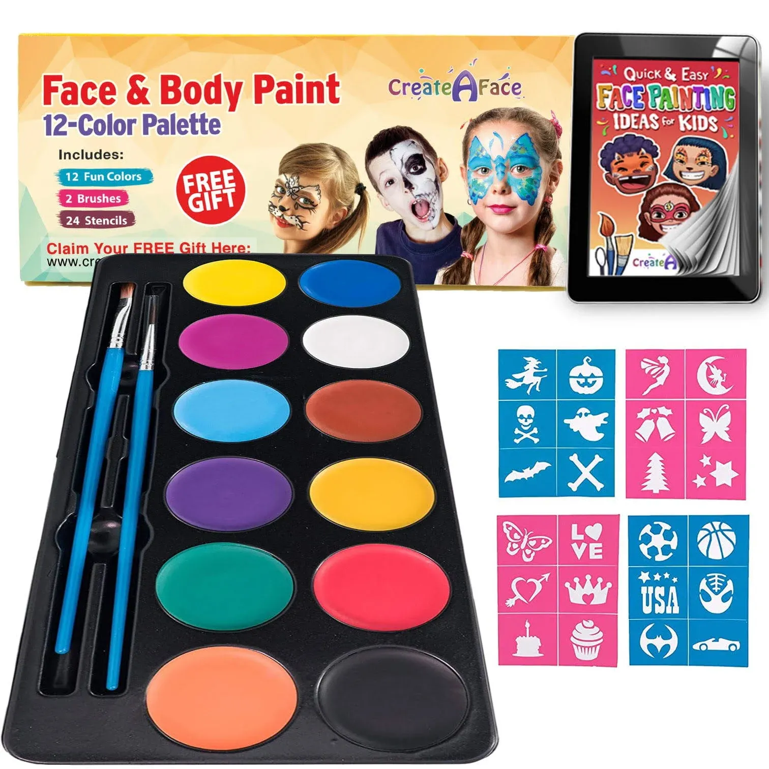 Face Painting Kit for Kids Party - 12 Amazing Colors, Face Paint Stencils, Makeup Brushes - Non-Toxic, Washable Facepaint Set for Kids Party - Includes Professional Tutorial Ebook