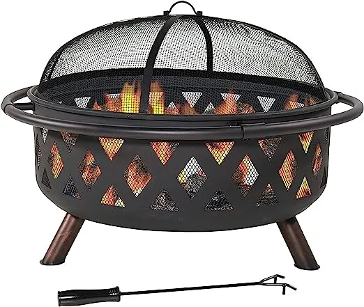 Sunnydaze Black Crossweave Steel Wood-Burning Outdoor Fire Pit - Includes Spark Screen, Poker and Cover - 36-Inch Round