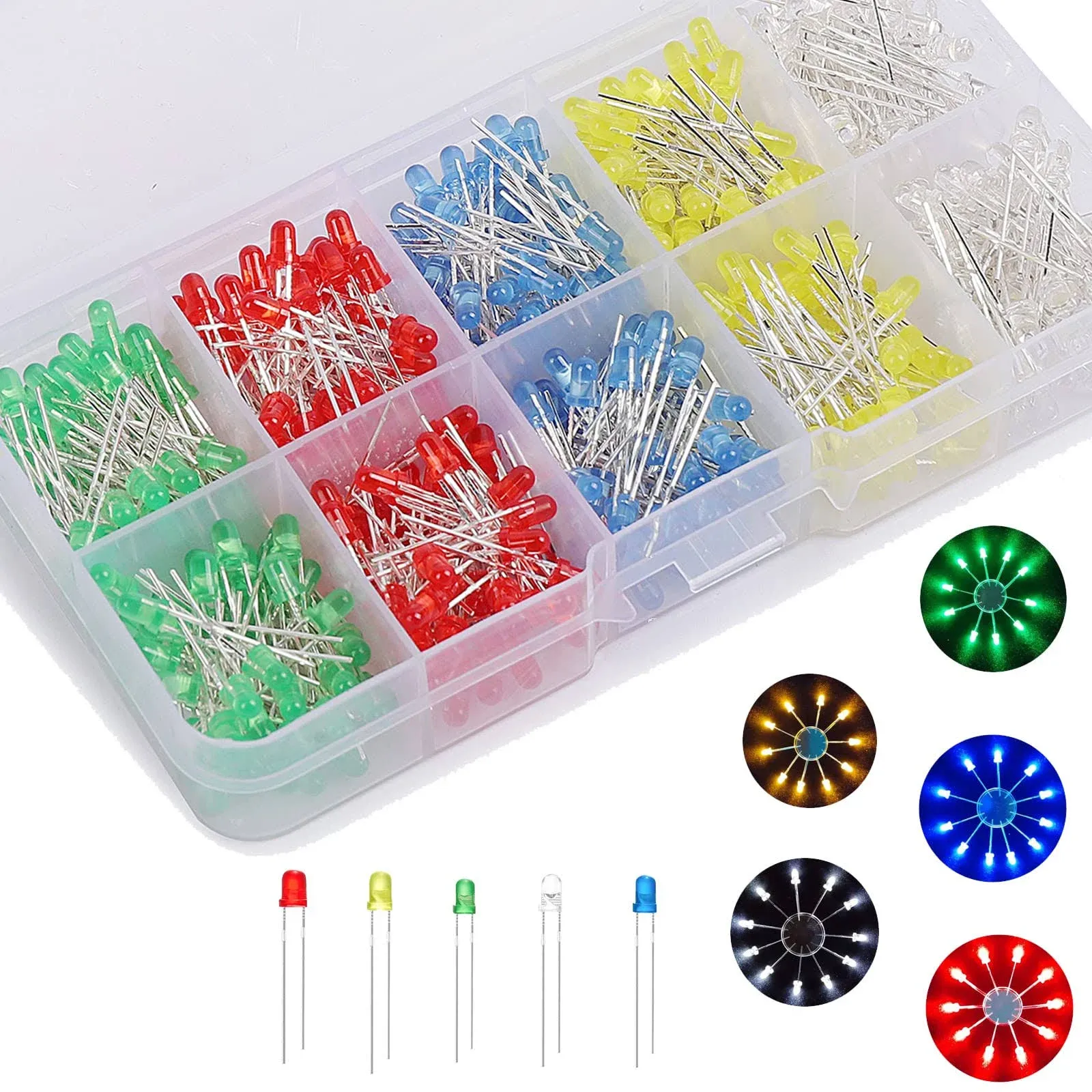 LED Light Emitting Diodes Assortment Kit 300PCS 3mm 5mm Yellow/Green/Blue/Red/White Electronic Component for Science Experiment Circuit Christmas Lights etc