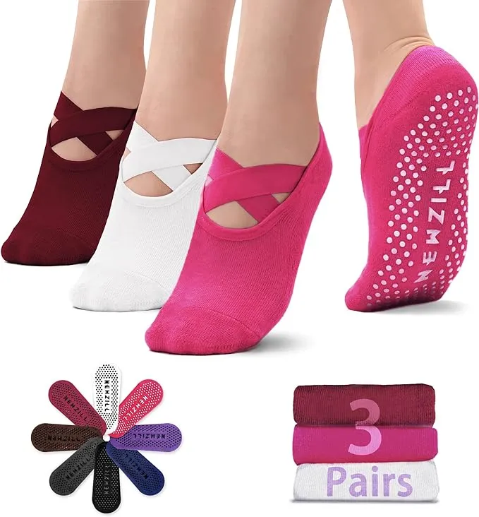 ⭐️Newzill 3 Pairs Yoga Socks Women Non-slip Straps Pilates Workouts Dance Home⭐