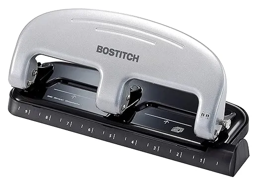 Bostitch Office EZ Squeeze 3-Hole Punch, 20 Sheet Capacity, Reduced Effort, No Jam Technology , Silver , 2" x 4.4" x 11.1"