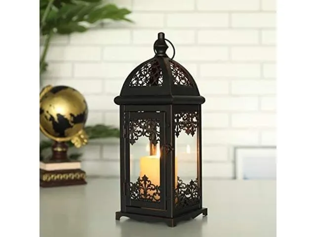 JHY DESIGN Decorative Candle Lantern 15"High Metal Candle Lanterns Vintage Style Hanging Lantern for Indoor Outdoor Events Parities Weddings(Black.