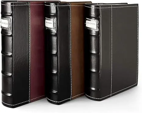 Bellagio-Italia CD/DVD Storage Binder - Burgundy, Black, & Brown - Leather - 144-Disc Capacity - Storage Organizer for DVDs, CDs, Blu Rays, & Video Games - Acid-Free Binder Organizer Sheets - 3 Pack