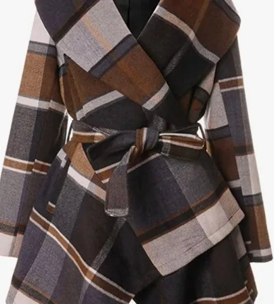 CHICWISH Women's Turn Down Shawl Collar Earth Tone Check Asymmetric Hemline Wool Blend Coat