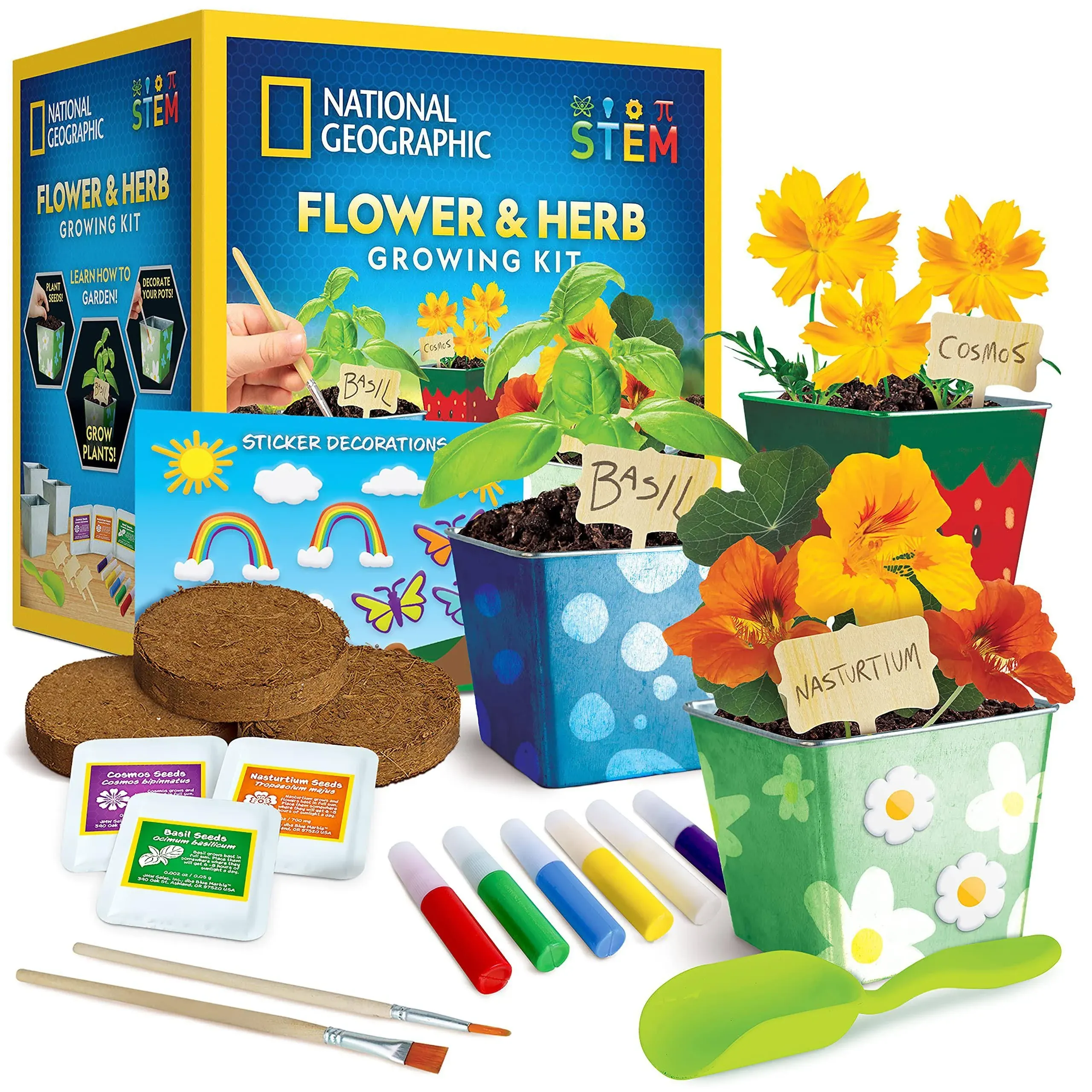 NATIONAL GEOGRAPHIC Flower & Herb Gardening Kit with 3 Stainless Steel Pots, Paint & Stickers, Arts and Crafts Gift, Kids Plant Growing Set