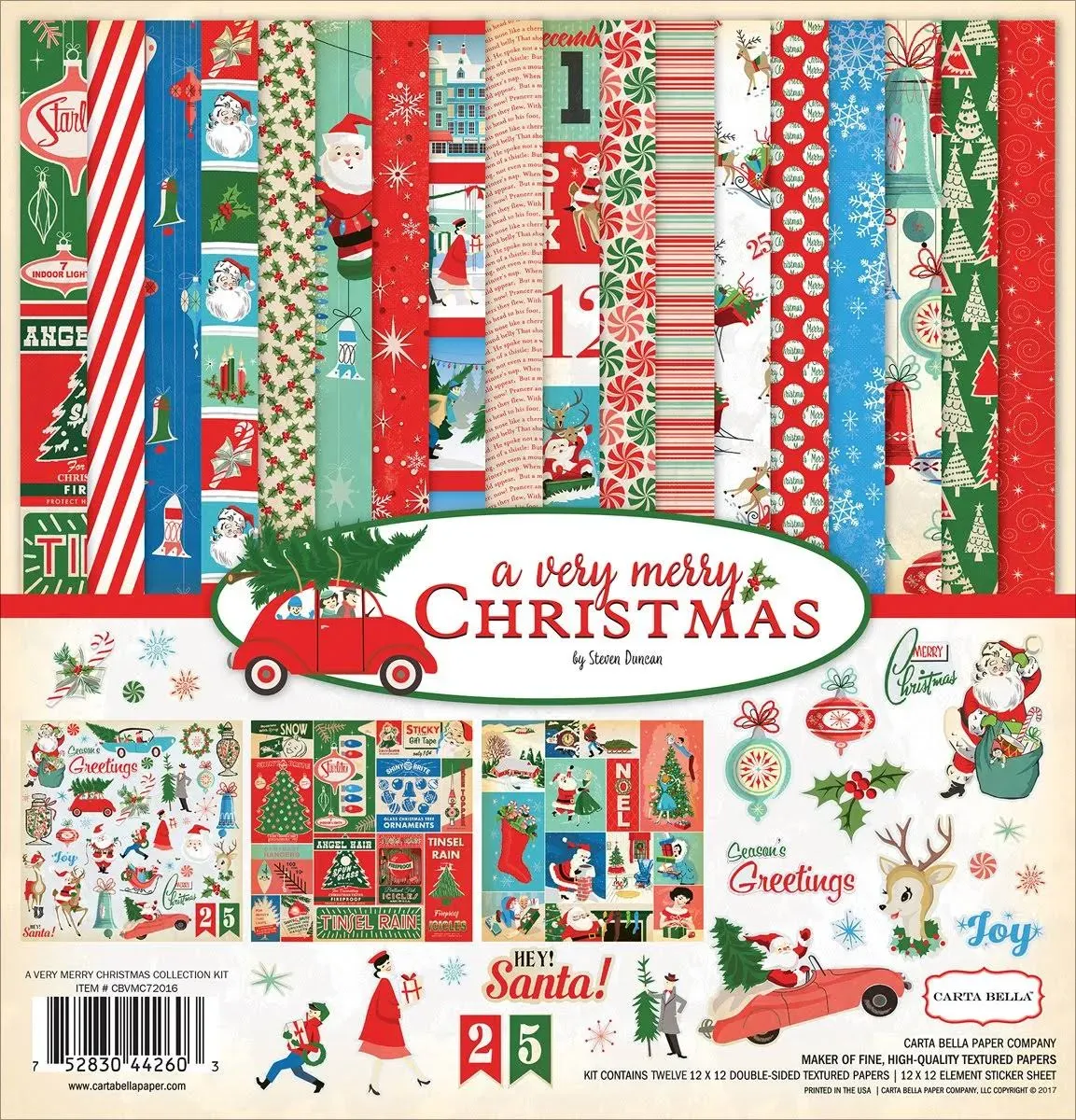 CARTA BELLA &#034;A VERY MERRY CHRISTMAS&#034; 12X12 PAPER RETRO  SANTA  SCRAPJACK&#039;S PLACE