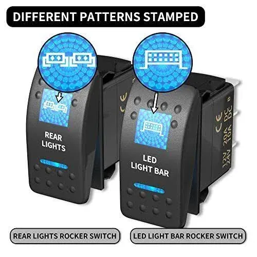 DaierTek LED Light Bar Rocker Switch and Rear Lights Rocker Switch Blue 12V/24V 20A/10A 5 Pin Marine with Wires for Auto Car Polaris Ranger Can-am RZR Boat