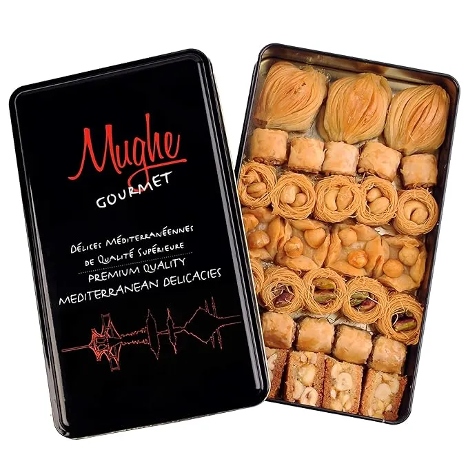 Mughe Gourmet Assorted Baklava Pastry Gift Elegant Tin Box - 500g 1.1lb 32 pcs - Turkish Pistachio, Almond, Walnut, Cashew, Hazelnut Bite Size Gifts Baklawa Sweet - Perfect for Birthday, Fathers Day