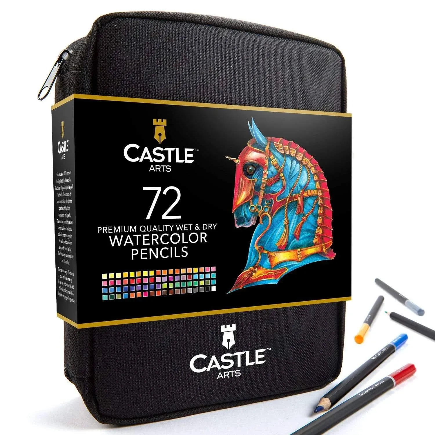 Castle Art Supplies 72 Watercolor Pencils Zip-Up Set for Adult Artists | Quality Colored Cores Vivid Colors to Create Beautiful Blended Effects with Water | Includes Handy Travel Case