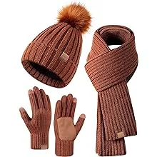 Winter Beanie Hat Scarf Gloves Set for Women, Womens Beanie with Pom Pom Long Scarf Neck Warmer Touchscreen Gloves 3 in 1 Set