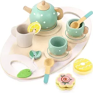 GAGAKU Wooden Tea Set for Little Girls,Wooden Toys Toddler Tea Set Play Kitchen Accessories for Kids Pretend Play Food Playset for Kids Tea Party 15Pcs