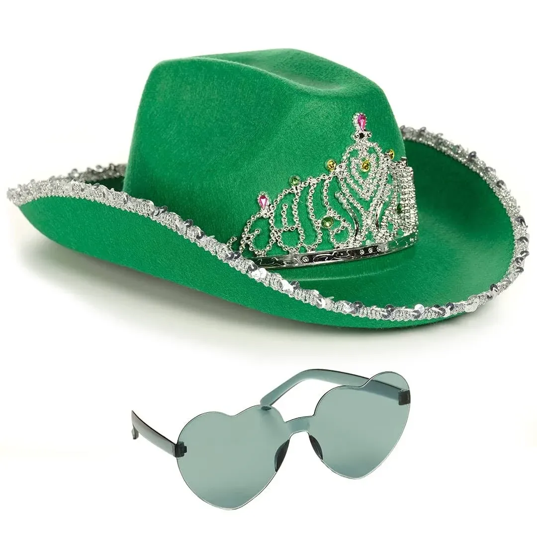 Funcredible White Cowboy Hat and Glasses - Preppy Cowgirl Hat with Star - Sparkly Cowboy Hat