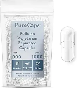 PureCaps USA - Empty Vegetarian Vegan Pullulan Pill Capsules Size 000, 1,000 Empty Separated Pullulan Pills, Clear, Non-GMO Certified, SLS Free, Gluten Free, Preservative Free Pill Capsules Empty