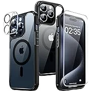 TAURI 5 in 1 for iPhone 15 Pro Case, [Not Yellowing] with 2X Screen Protectors + 2X Camera Lens Protectors, [Military Grade Drop Protection] Shockproof Case for iPhone 15 Pro 6.1 Inch - Black