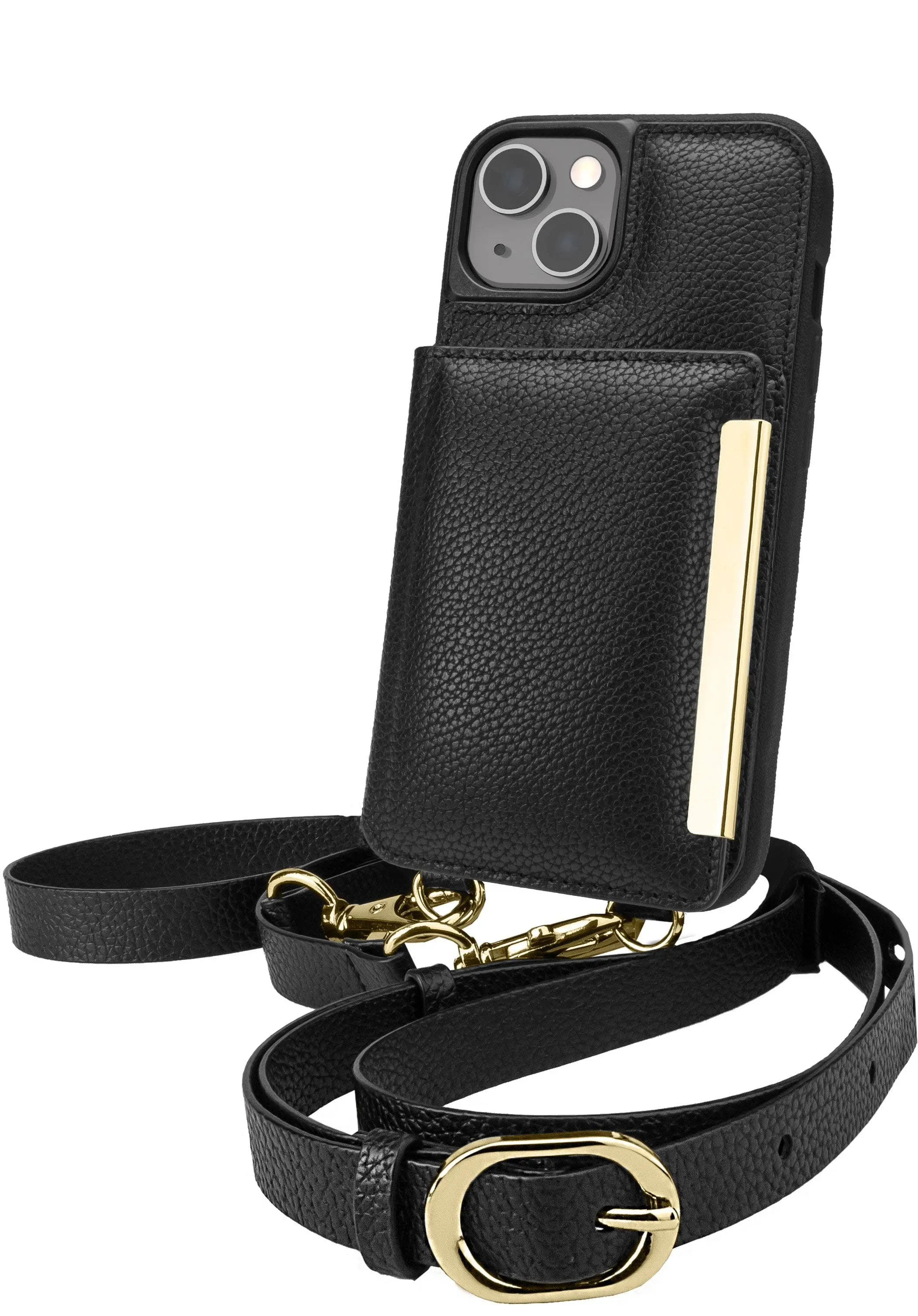 Smartish iPhone 13 Crossbody Wallet Case for Women - Dancing Queen [Purse/Clutch with Detachable Strap & Wristlet] Protective Cover with Credit Card Holder - Stiletto Black-Gold