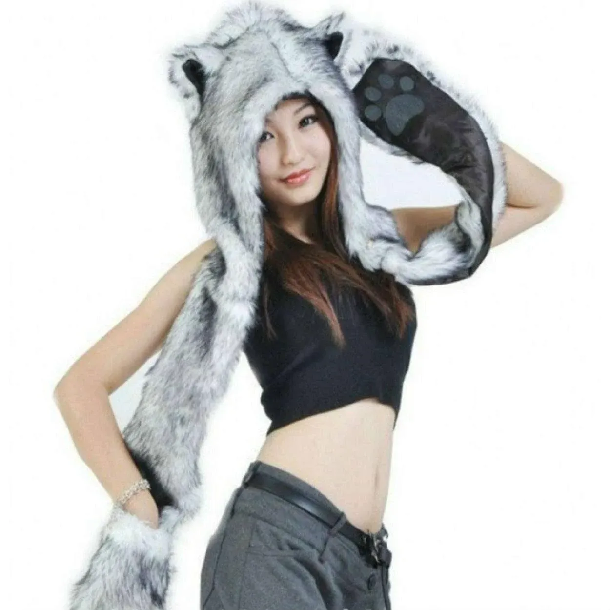 Grey Gray Wolf Anime Faux Animal Hood Hoods Mittens