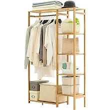 Bamboo Clothing Rack with 6 Tier Storage Shelf Multifunctional Garment Organizer Wardrobe Closet for Guest Room Kids Baby Bedroom Entryway