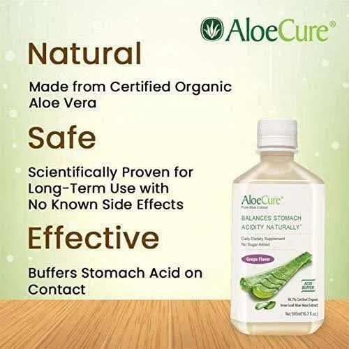 AloeCure Pure Aloe Vera Juice Grape Flavor 500ml Bottle, Acid Buffer, Certified