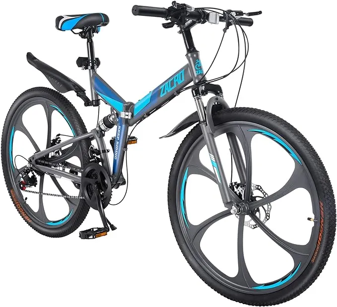 Zacro 26 inch Folding Mountain Bike, Compact Mountain Bike with 24 Speed Dual Disc Brake and Shock Absorbers Alloy Wheels