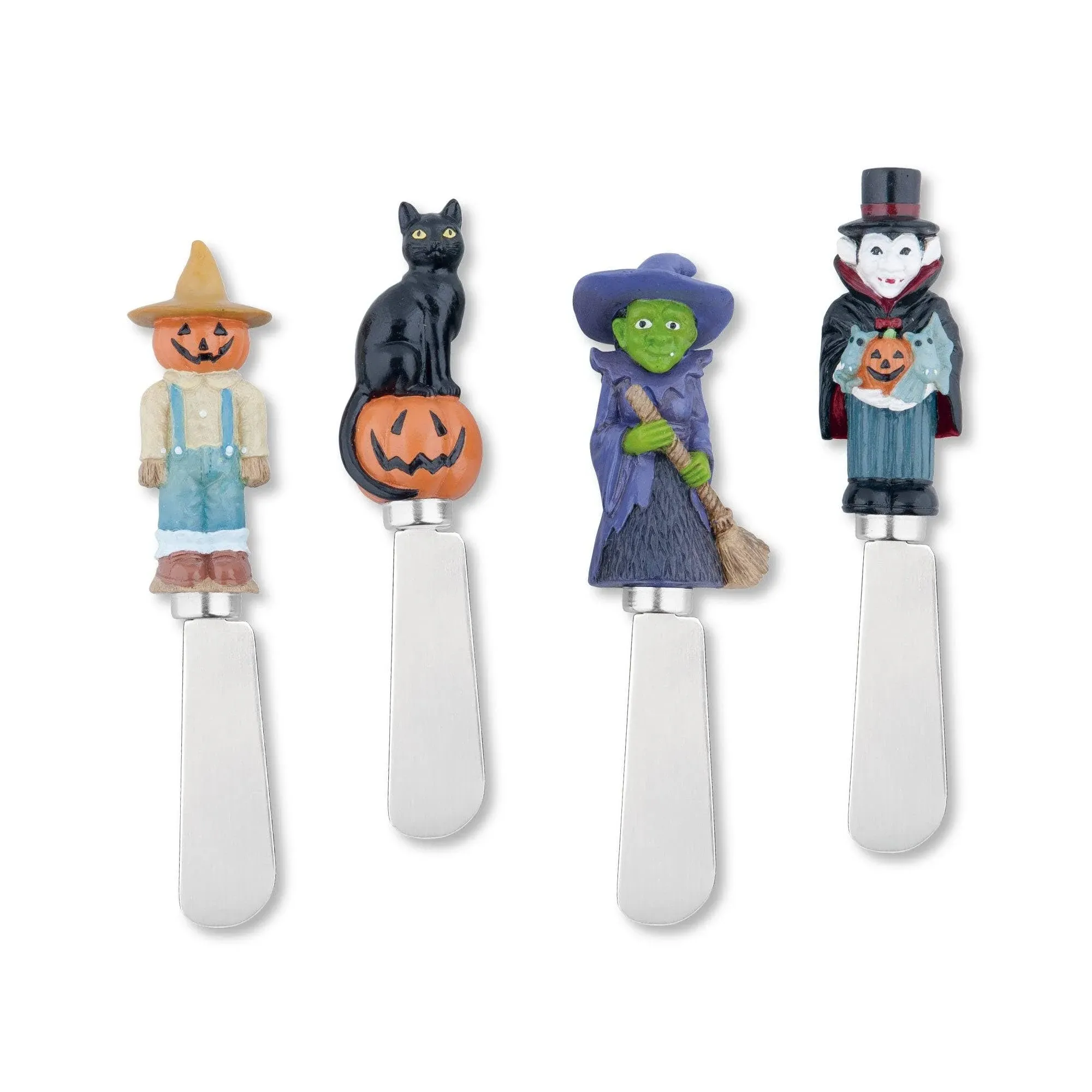 Supreme Housewares Cheese and Butter Spreader Knives Halloween Decor 4-Piece Hand Painted Resin Handle with Stainless Steel Blade Multipurpose Cheese Spreader set (Spooky)