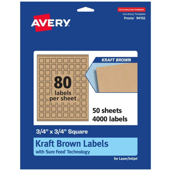 Avery® Matte Permanent Print-To-The-Edge Labels With Sure Feed®, 94102-KMP50, Square, 3/4" x 3/4", Kraft Brown, Pack Of 4,000 Labels