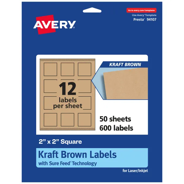 Avery® Matte Permanent Print-To-The-Edge Labels With Sure Feed®, 94107-KMP50, Square, 2" x 2", Kraft Brown, Pack Of 600 Labels