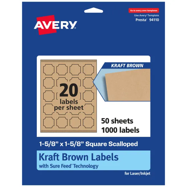 Avery&reg; Kraft Permanent Labels With Sure Feed&reg;, 94110-KMP50, Square Scalloped, 1-5/8&quot; x 1-5/8&quot;, Brown, Pack Of 1,000