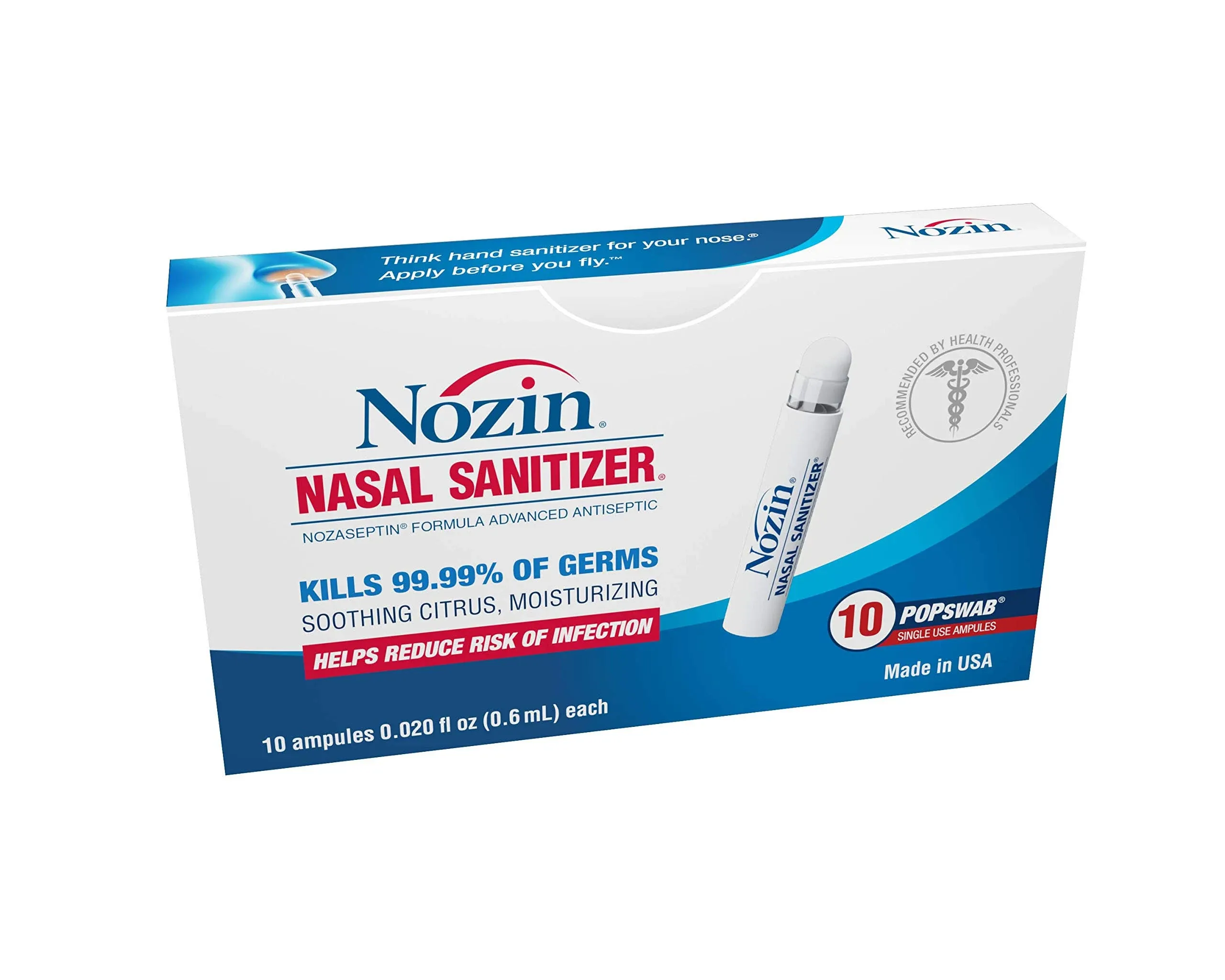 Nozin® Nasal Sanitizer® Antiseptic Popswab® Ampules 10ct Pack | Kills 99.99% of Germs | Alcohol Based 62%