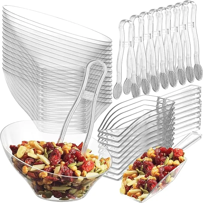 6 Oz Clear Plastic Dessert Bowls (16 Pcs) with (8) Scoops and (8) Tongs, Angled 