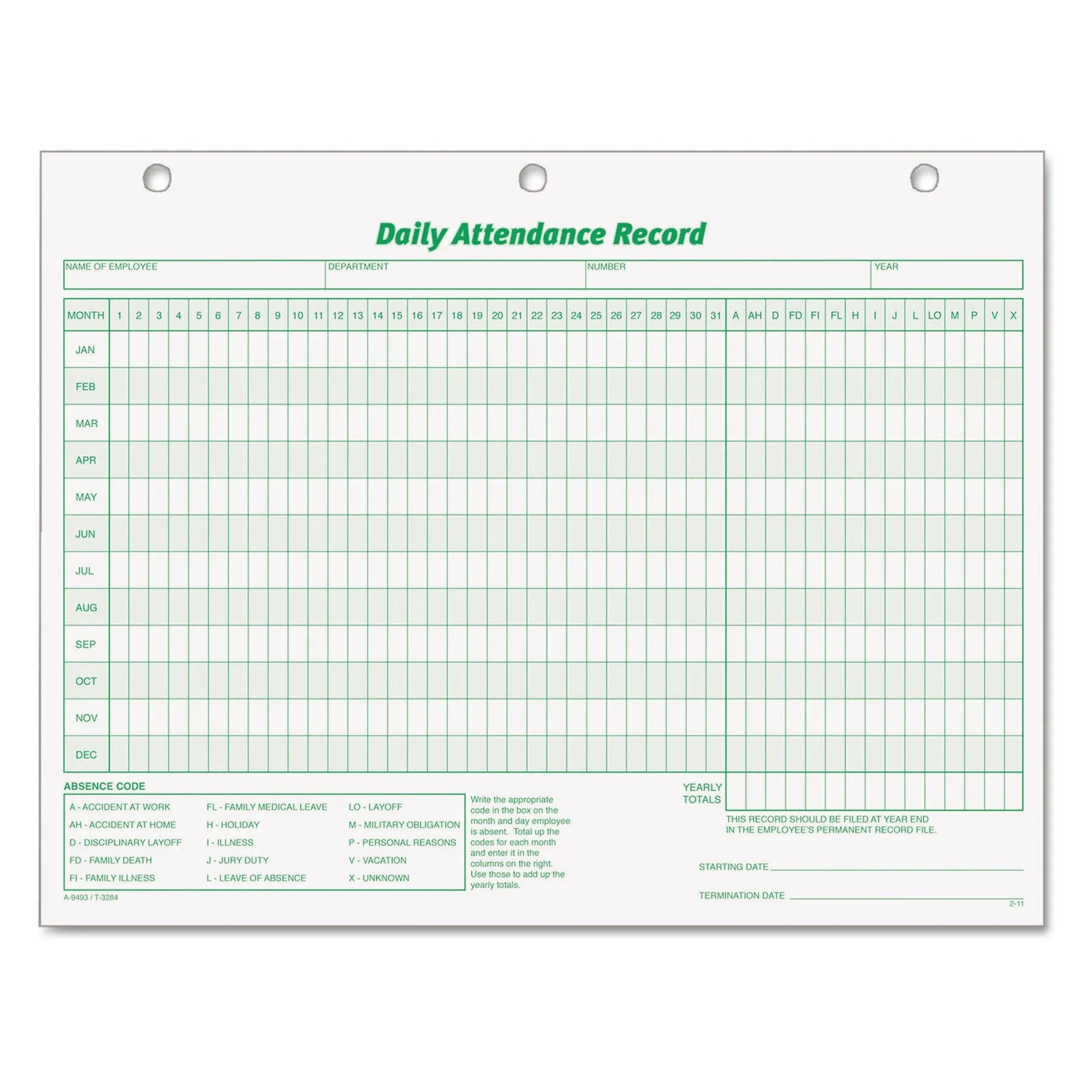 Tops 3284 Daily Attendance Card, 8 1/2 x 11 (Pack of 50 Forms)