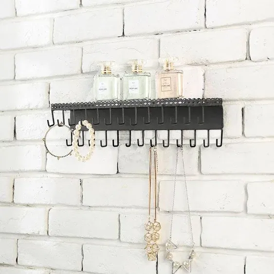 Necklaces and Bracelets Holders Wall Mounted Black Metal Jewelry Display Hanging Shelf with 30 Hooks Necklace Hanger Wall Shelf with Jewelry Hooks Rack Accessories Organizer for Women Girl Kids