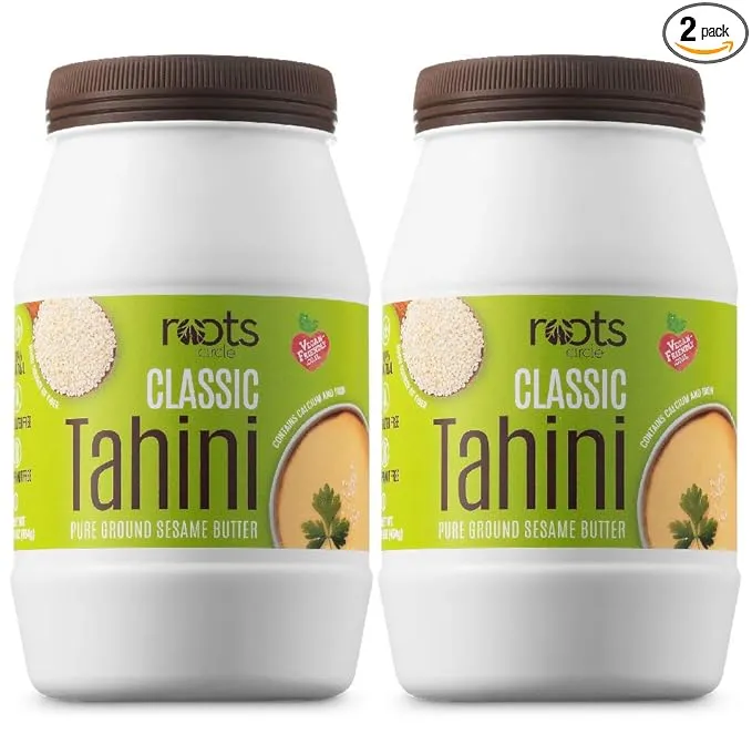 Roots Circle All-Natural Sesame Tahini Paste | 100% Pure Rich & Creamy Ground Sesame Seed Paste for Hummus, Tahini Sauce, Dressing & Dips | Vegan, Kosher | Non-GMO, Gluten & Peanut-Free | 2 Jars 16 Oz